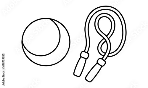 Linear sports equipment design featuring tennis ball and jump rope