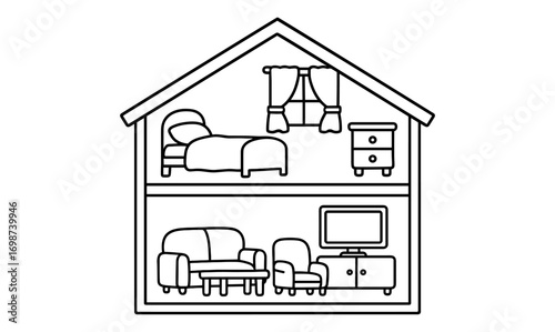 Simple line art of dollhouse with bedroom and living room interior