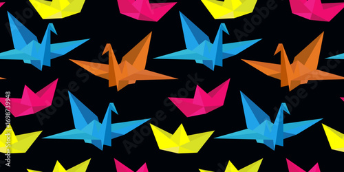 geometric colorful origami seamless pattern with paper bird crane and boat on a dark background papercraft art design with creative oriental shapes