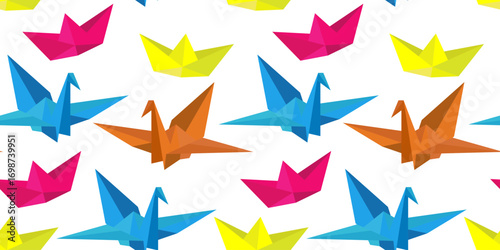 seamless pattern colorful paper birds and boats in abstract origami style white background