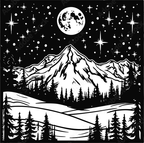 Winter night sky, pine trees, snowy mountain, stars, moon, one clean centered composition, thick line art 2