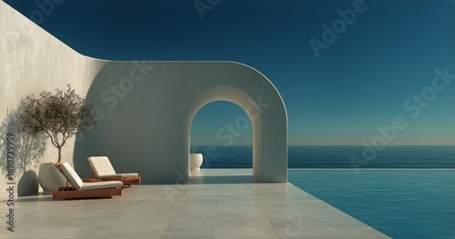 Modern Patio Overlooking Serene Ocean Under Clear Sky With Minimalistic Design