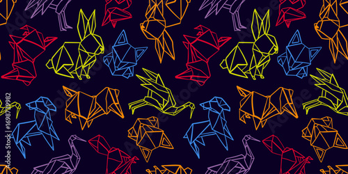 oriental decorative origami animals seamless pattern with cute hand drawn fox dog rabbit crane dark background paper art design