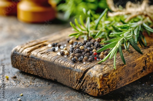 Fresh Herbs and Assorted Peppercorns on Rustic Wooden Board in Kitchen Setting