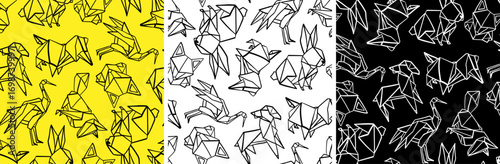 japanese oriental origami animals seamless pattern set on different backgrounds hand drawn vector art abstract papercraft design