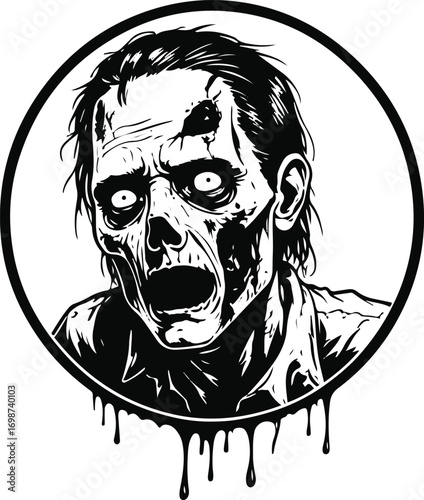 Zombie face with empty eyes and scars, dripping details, inside perfect circle, bold black outline, clear horror line art 3
