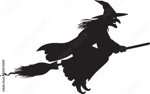Silhouette of a Witch Flying on a Broomstick with a Flowing Cape on a White Background Keywords: witch, halloween, flying, broomstick, magic, spell, sorceress, silhouette, black and white