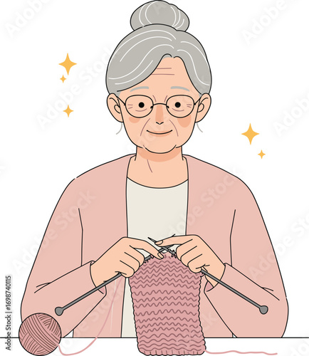 Elderly woman knitting wool with needles, senior grandmother handcrafting sweater, relaxing at home with yarn ball, vector illustration