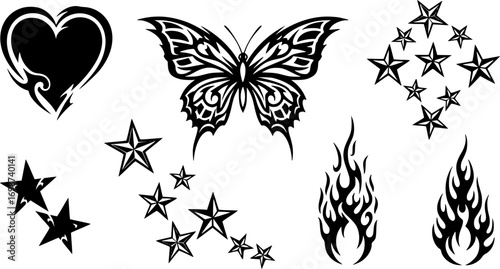 Y2k tattoo sticker set, Neo tribal aesthetic icon, gothic heart silhouette, butterfly, stars, fire. Love grunge groovy fashion print, acid ornament element collection, retro emo kit. Girly y2k sticker