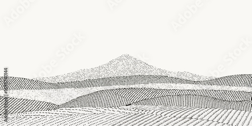 Minimalist black and white line drawing of rolling hills and a single mountain peak