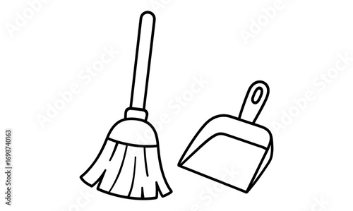Simple black and white broom and dustpan outline drawing