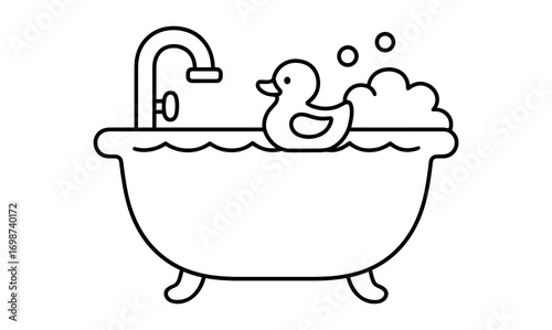 Minimalist bathtub with rubber duck and bubbles in simple line art style