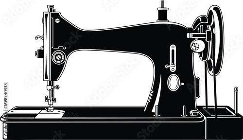 Vintage Sewing Machine Silhouette Vector for Textile Craft, Tailoring, Fashion Design, Industrial History, and Retro Home Decor Projects