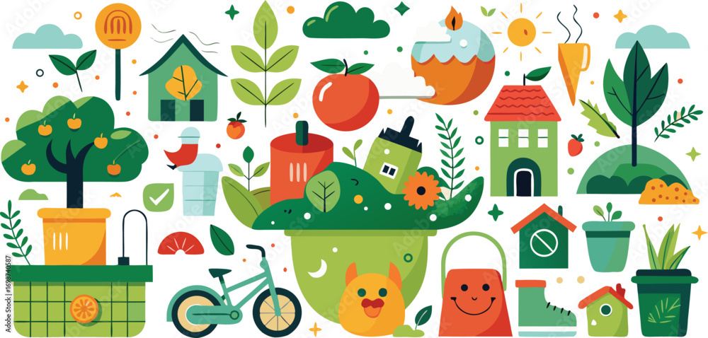 Obraz premium Playful doodle eco lifestyle icons set for sustainable living and green choices