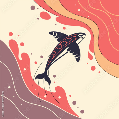 Abstract vector background with dolphins, waves, and a girl illustration