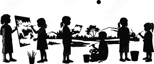 children painting outdoors scene with nature elements on transparent background silhouette