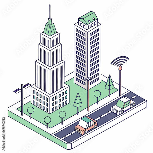 Vector isometric city illustration with buildings streets and urban architecture