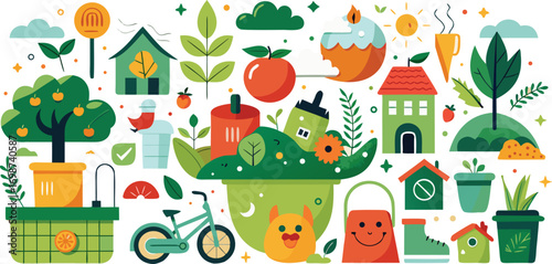 Playful doodle eco lifestyle icons set for sustainable living and green choices
