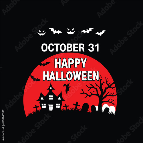Eerie Halloween Night Artwork with a Haunted House, Cemetery, Bats, Ghost and Moon Making up a Creepy Halloween T-shirt Design
