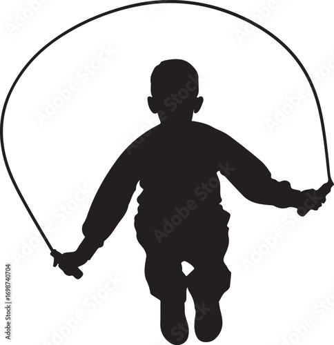 Silhouette of a young boy jumping rope on a white background child skipping