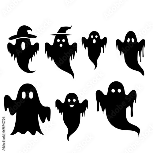 Black and white vector silhouette of ghosts on white background 