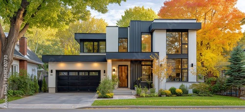 Modern Home Exterior With Vibrant Autumn Foliage in a Suburban Neighborhood
