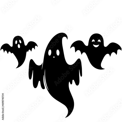 Black and white vector silhouette of ghosts on white background 