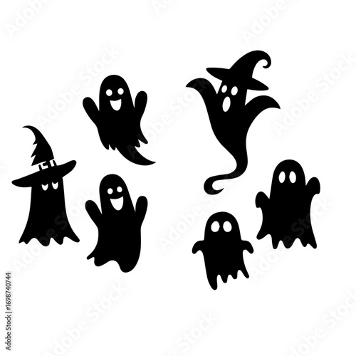 Black and white vector silhouette of ghosts on white background 