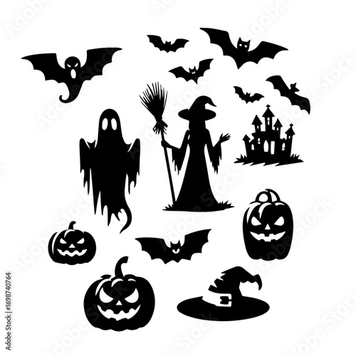 Black and white vector silhouette of ghosts on white background 