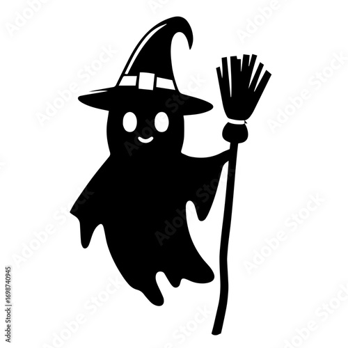 Black and white vector silhouette of ghosts on white background 