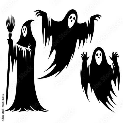 Black and white vector silhouette of ghosts on white background 