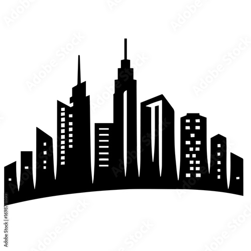 Black and white vector silhouette of city skyline on white background 