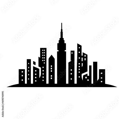 Black and white vector silhouette of city skyline on white background 