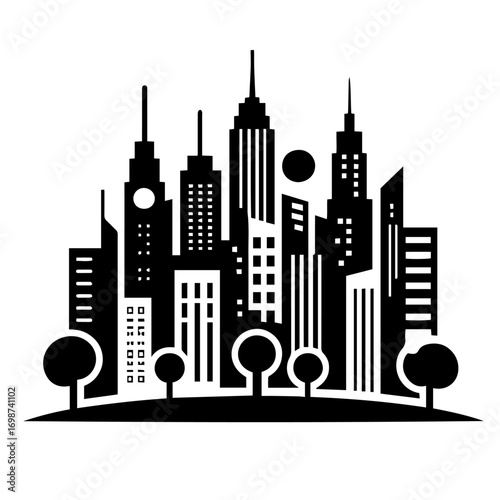 Black and white vector silhouette of city skyline on white background 