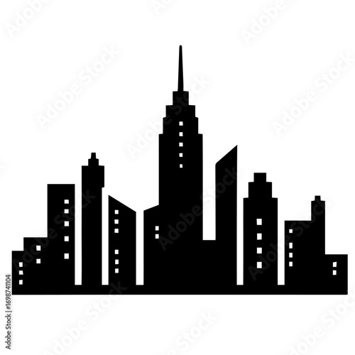 Black and white vector silhouette of city skyline on white background 