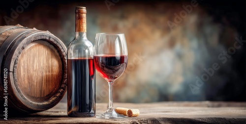 Still Life Showcasing a Bottle of Red Wine and a Glass Next to a Wooden Barrel.