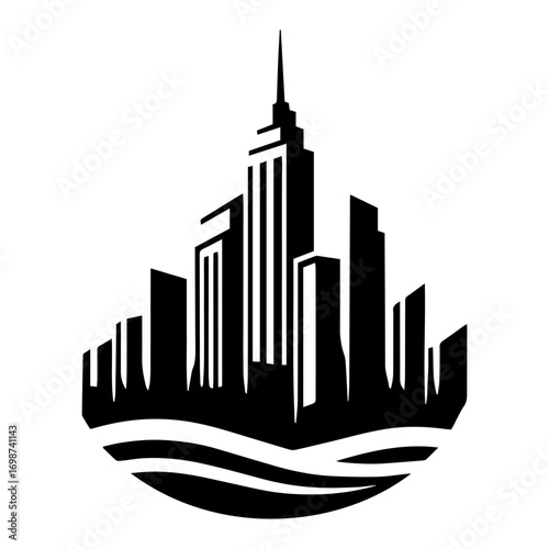 Black and white vector silhouette of city skyline on white background 