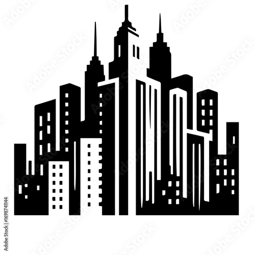 Black and white vector silhouette of city skyline on white background 