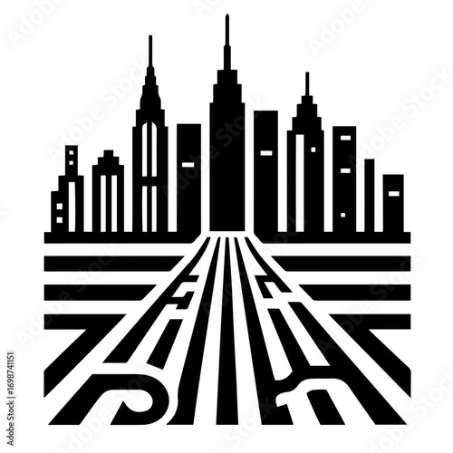 Black and white vector silhouette of city skyline on white background 