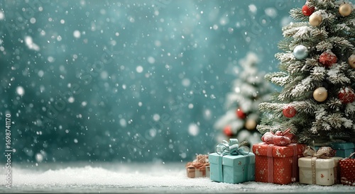 Festive Winter Setting With Decorated Christmas Tree and Colorful Gifts Under...
