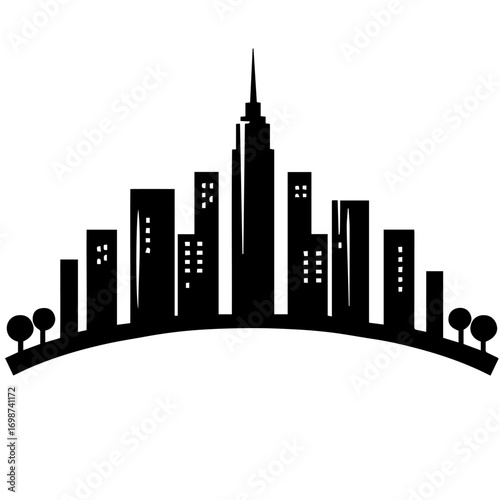 Black and white vector silhouette of city skyline on white background 