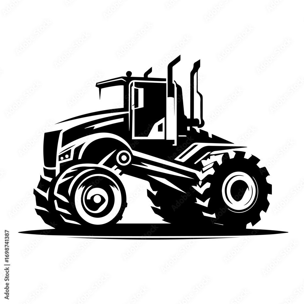 Naklejka premium Black and white vector silhouette of tractor on white background 