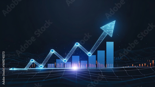 The image features a stylized arrow graph, symbolizing growth and progress, against a dark, abstract digital landscape, indicating a sense of technological advancement and success.