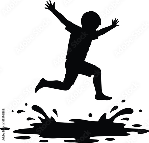 a child jumping joyfully with puddle splash silhouette on transparent background