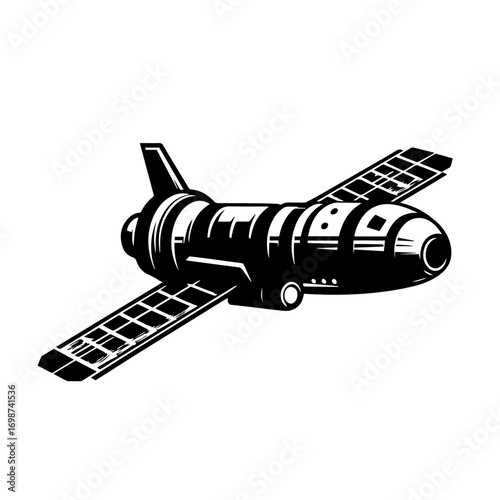 Black and white vector silhouette of spacecraft on white background 