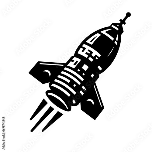 Black and white vector silhouette of spacecraft on white background 
