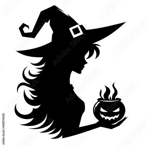 Black and white vector silhouette of witch on white background 