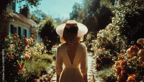 Woman Walking Through a Garden Filled With Flowers During Golden Hour.