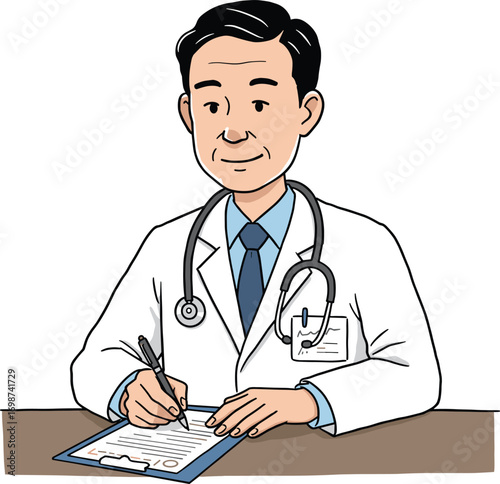 Male doctor in white coat writing on clipboard, medical professional, healthcare worker, stethoscope, patient consultation, clinical setting, cartoon illustration