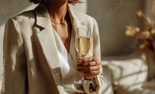 Celebration Toast With Sparkling Drink in Elegant Attire During Afternoon Event.